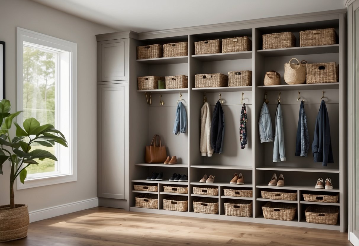 A row of built-in cubbies holds neatly arranged shoes in a spacious mudroom. The room is bright and airy, with a laundry area tucked away in the corner