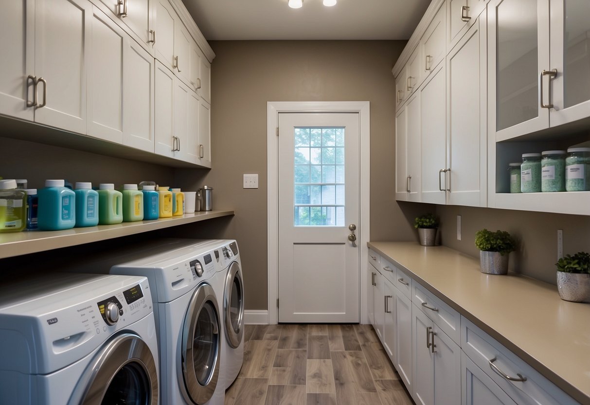 A row of white overhead cabinets filled with cleaning supplies and laundry detergents in a mudroom laundry room