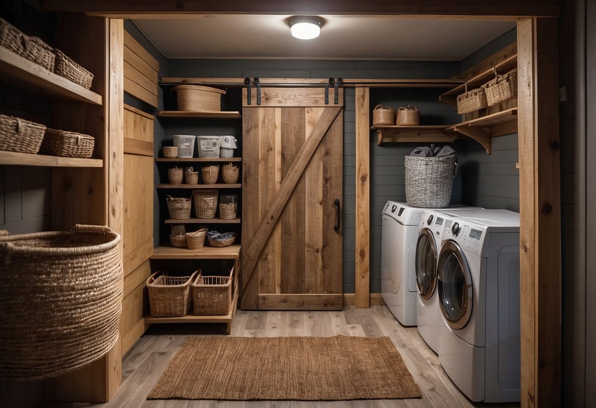 A rustic barn door slides open to reveal a hidden laundry area in a cozy mudroom. Laundry baskets and cleaning supplies are neatly tucked away in the organized space