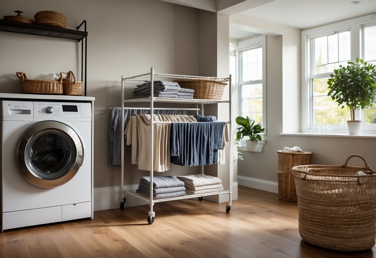 A foldable drying rack stands in a mudroom or laundry room, surrounded by organized shelves and baskets. The room is bright and airy, with a clean and minimalist design