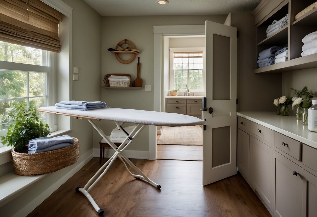 An ironing board is being pulled out from a storage cabinet in a mudroom laundry room, surrounded by cleaning supplies and neatly folded linens