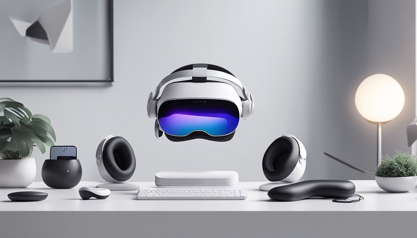 A sleek, white Oculus Quest 2 sits on a clean, modern desk surrounded by high-tech gadgets and accessories in a well-lit room