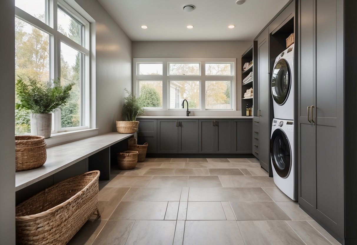 A bright, spacious mudroom with sleek tile flooring, perfect for easy cleaning. A built-in laundry area with modern appliances completes the functional yet stylish space