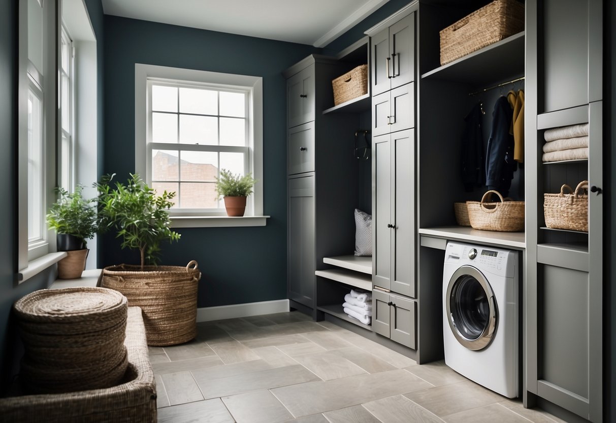 A mudroom with built-in storage and a laundry area, featuring stylish decor and functional organization