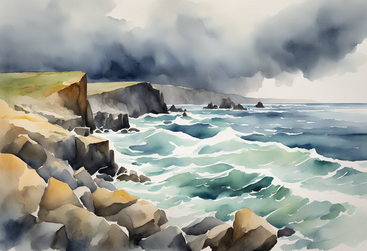 A stormy sky looms over a desolate landscape, where jagged cliffs meet crashing waves. The air crackles with electricity, creating a palpable sense of unease