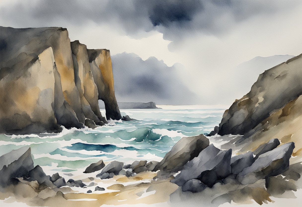 A stormy sky looms over a desolate landscape, with jagged cliffs and crashing waves, evoking a sense of intense unease and tension