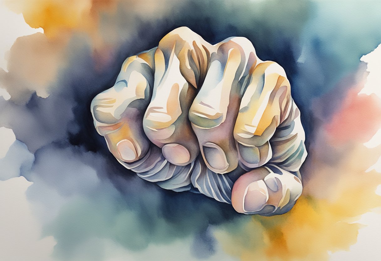 A clenched fist hovers over a throbbing brain, representing the contrast between intense focus and tense anxiety