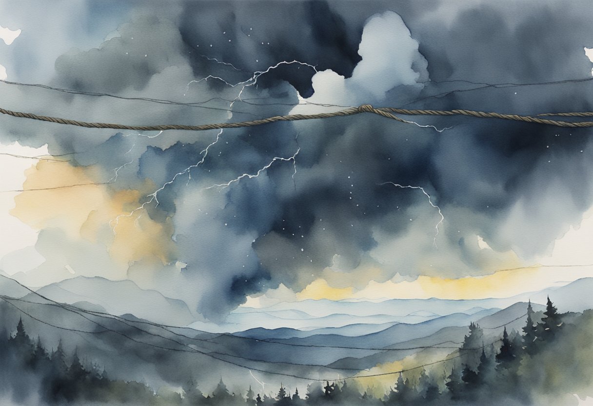 A stormy sky looms over a taut rope, pulled to its limit. Lightning crackles with intensity, while the rope strains with tension