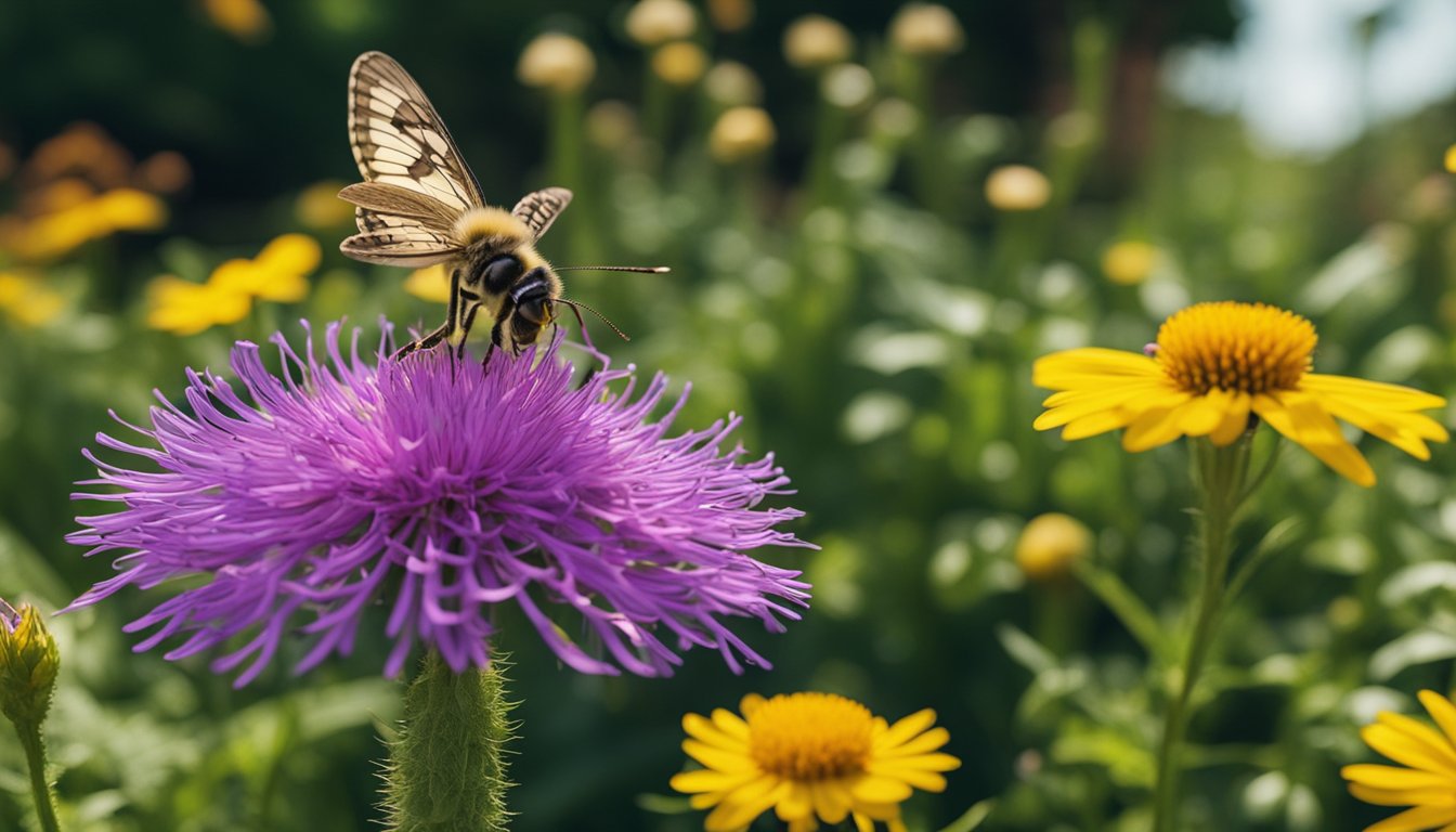 Lush garden with vibrant plants and blooming flowers, attracting bees and butterflies. However, weeds and pests pose challenges