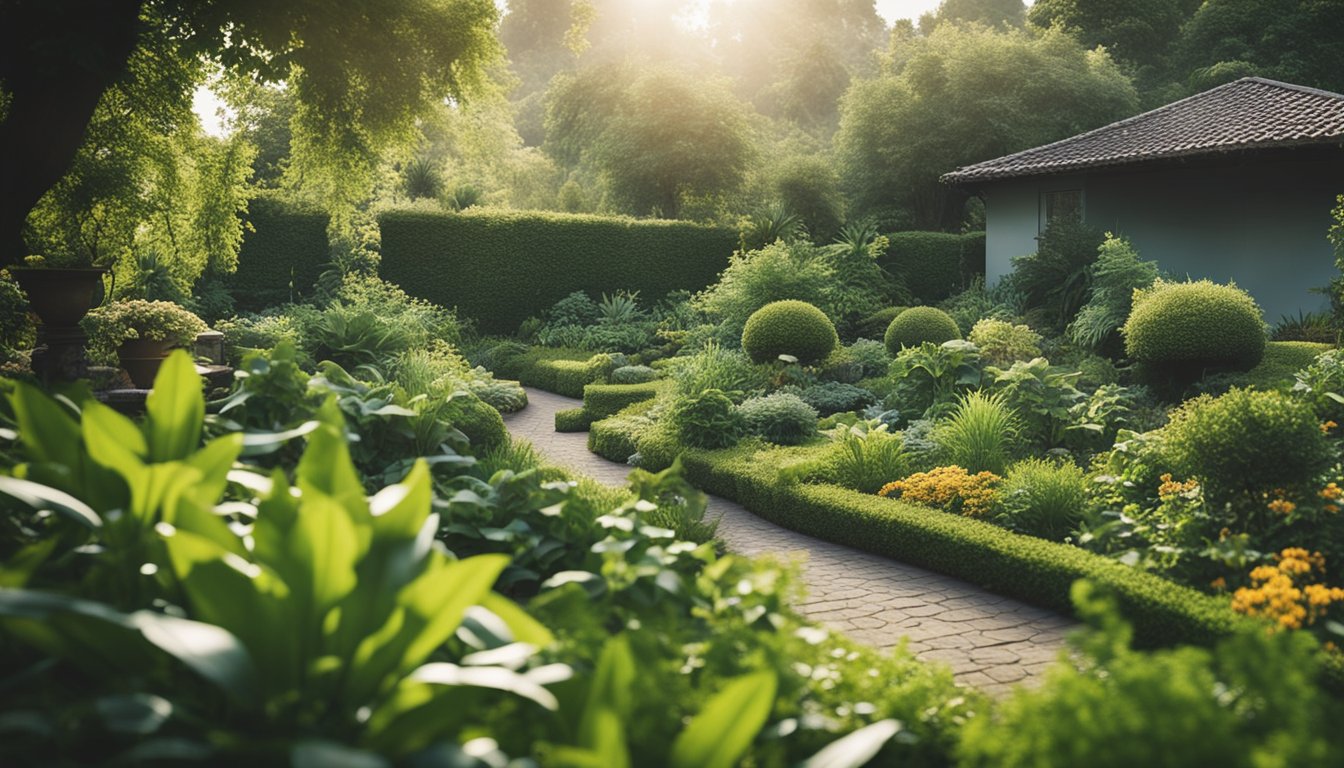 Lush garden with flourishing plants and trees, surrounded by wildlife. Waste and pollution from gardening tools and chemicals