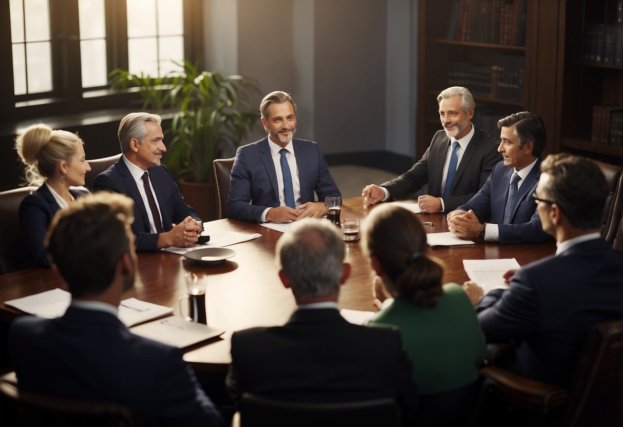 A group of people sitting around a table in a formal setting, discussing legal matters and consulting on amicable settlement agreements