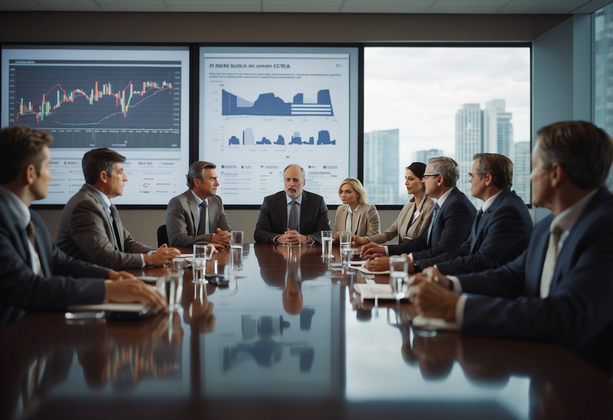 A group of CCRA members discussing market types in a boardroom setting, with charts and graphs displayed on a large screen