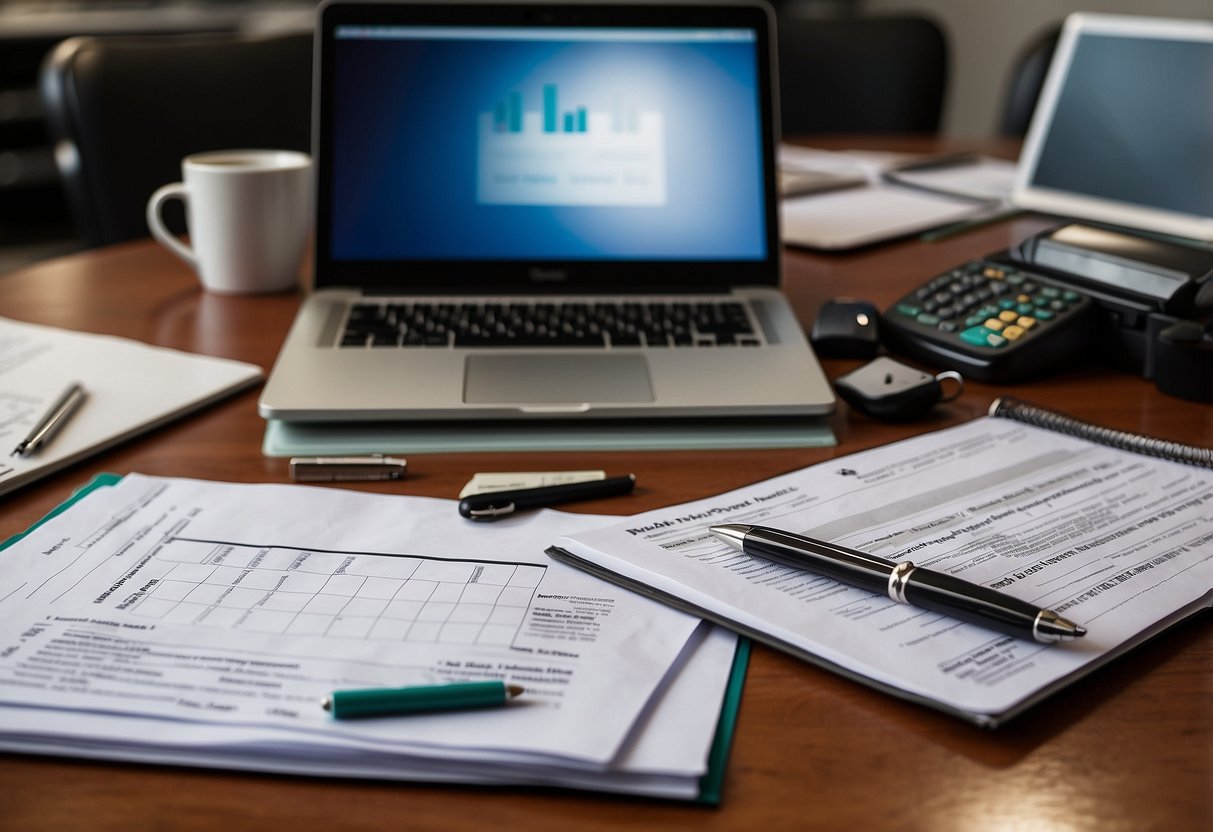 A table with documents and tools for CCRA meetings. Papers, pens, and laptops arranged for consultation