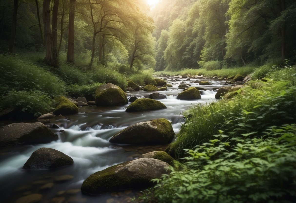 A serene landscape with a peaceful river flowing through lush greenery, symbolizing the balance between protecting the future and enjoying the present