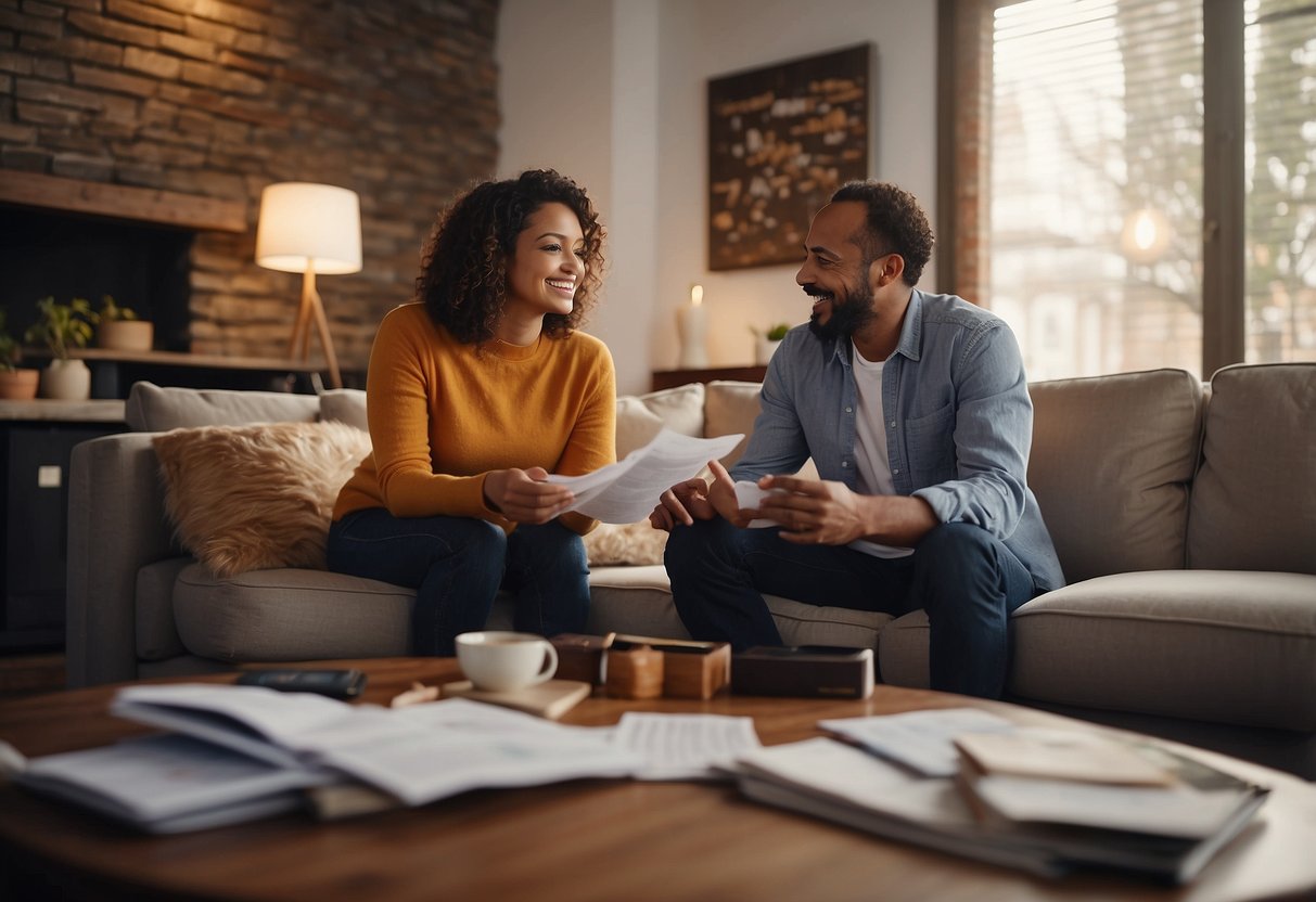 A cozy living room with a couple discussing their financial future, surrounded by charts and graphs, with a life insurance policy prominently displayed on the table