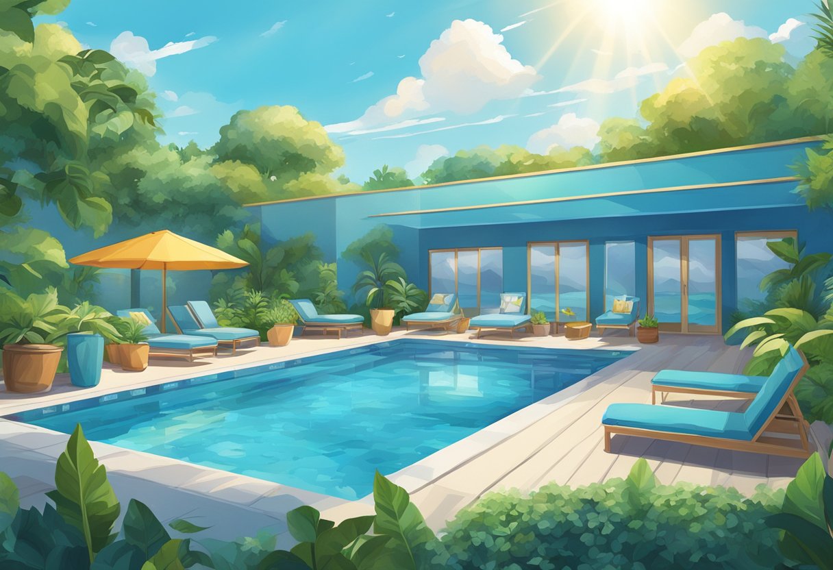 A sparkling blue swimming pool surrounded by lush greenery and colorful lounge chairs, with a clear blue sky and fluffy white clouds above