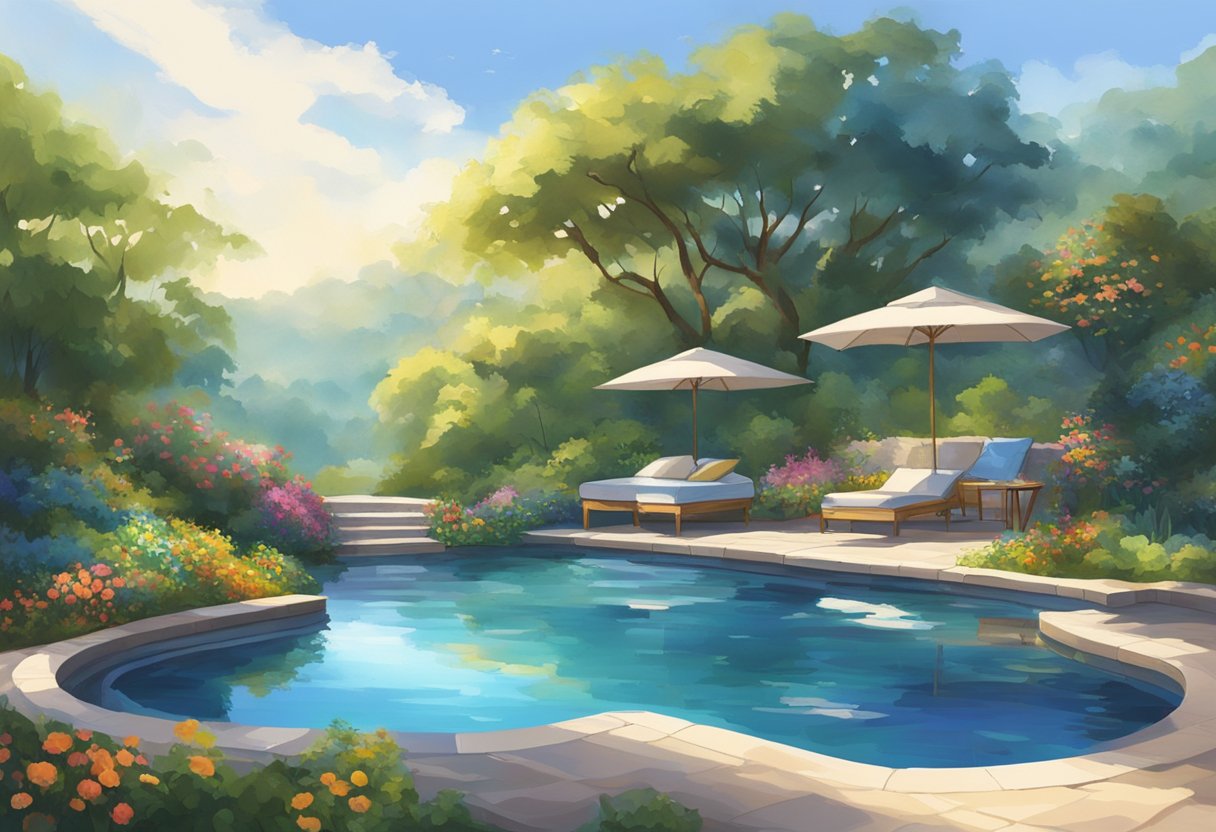 Clear, blue pools with sturdy covers, surrounded by lush foliage and colorful flowers. Sunlight reflects off the water, creating a tranquil and inviting atmosphere