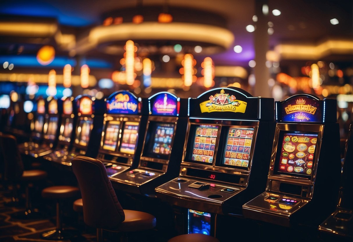 A vibrant casino with emoji-themed slot machines, colorful lights, and a lively atmosphere. Customers are excitedly playing games and celebrating their wins