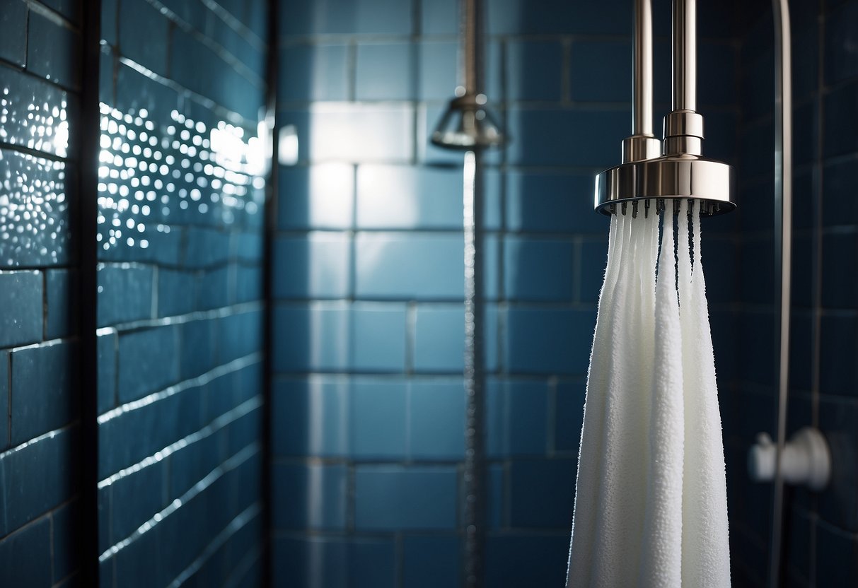 A pair of clean hair extensions hanging from a shower head, with a bottle of shampoo and a towel nearby