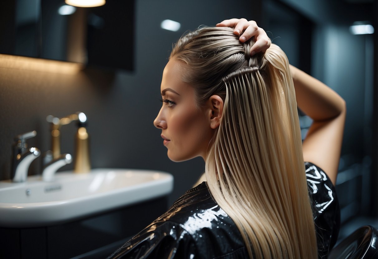 A person washing hair extensions before use. Water running, shampoo lathering, and rinsing. Extensions hanging to dry