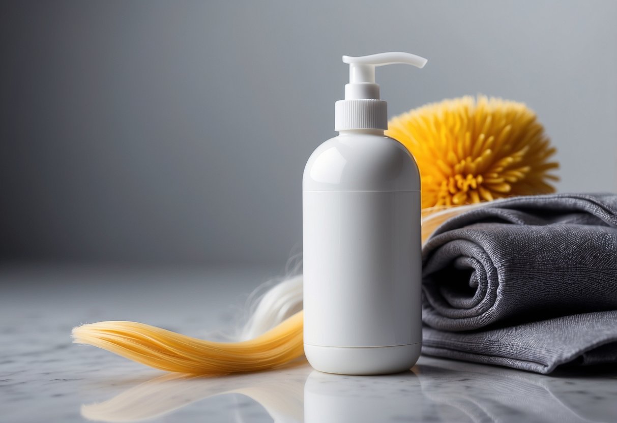 Special care for hair extensions: washing before first use. A bottle of shampoo and a set of hair extensions on a clean, white surface