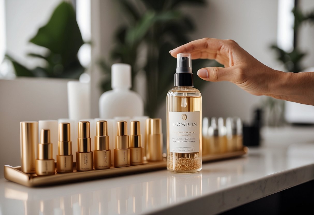 A woman's hand reaches for a bottle of hair growth serum next to a row of neatly organized hair extension packages on a vanity table