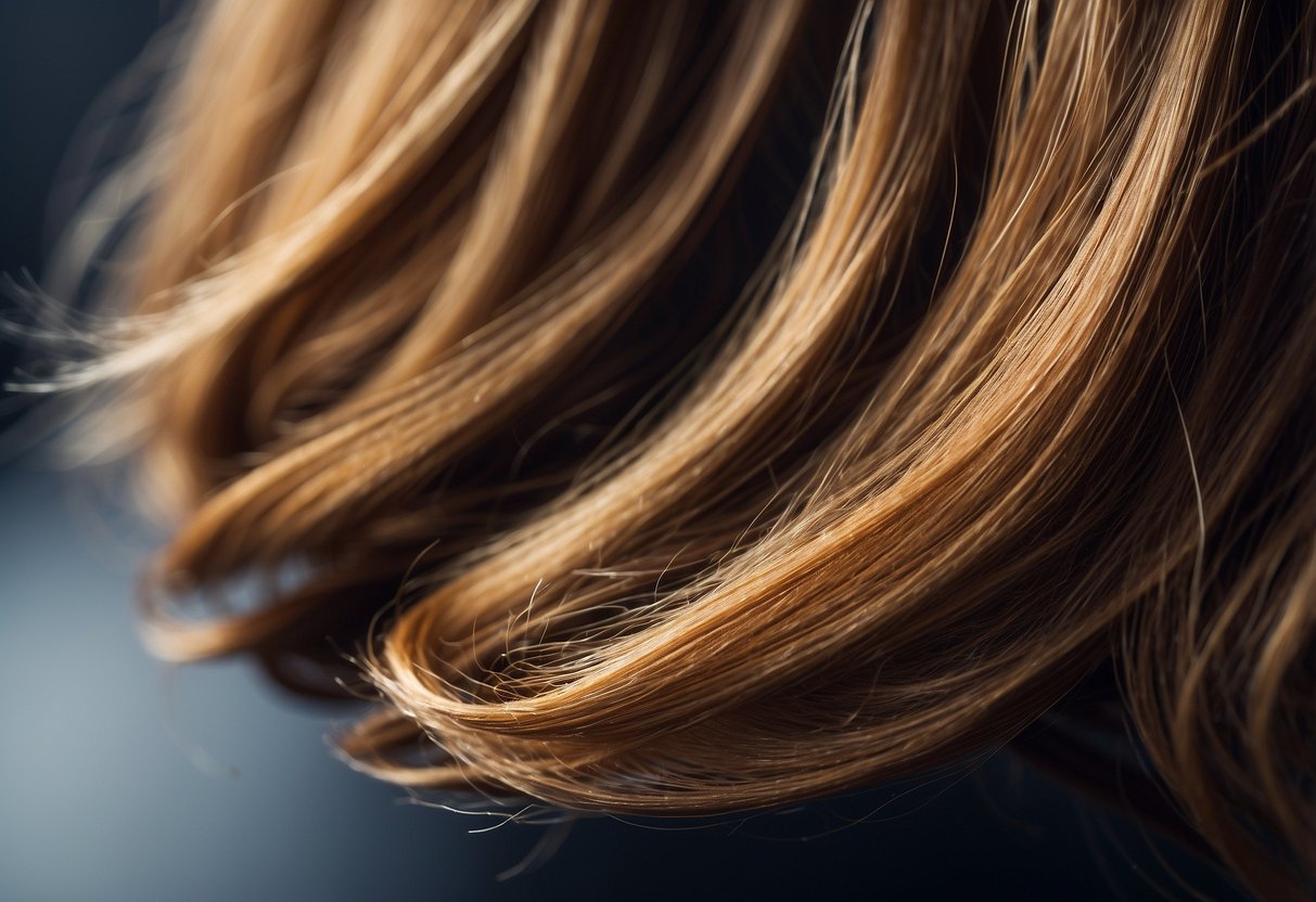 A strand of hair with extensions attached, showing growth over time