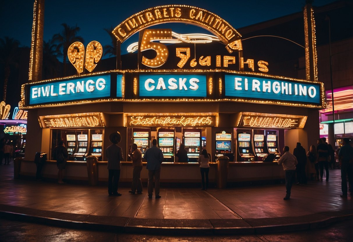 The bright neon lights of 5 Gringos Casino illuminate the night, casting a vibrant glow onto the bustling street below. The lively sounds of slot machines and laughter spill out from the open doors, inviting passersby to come and try their luck