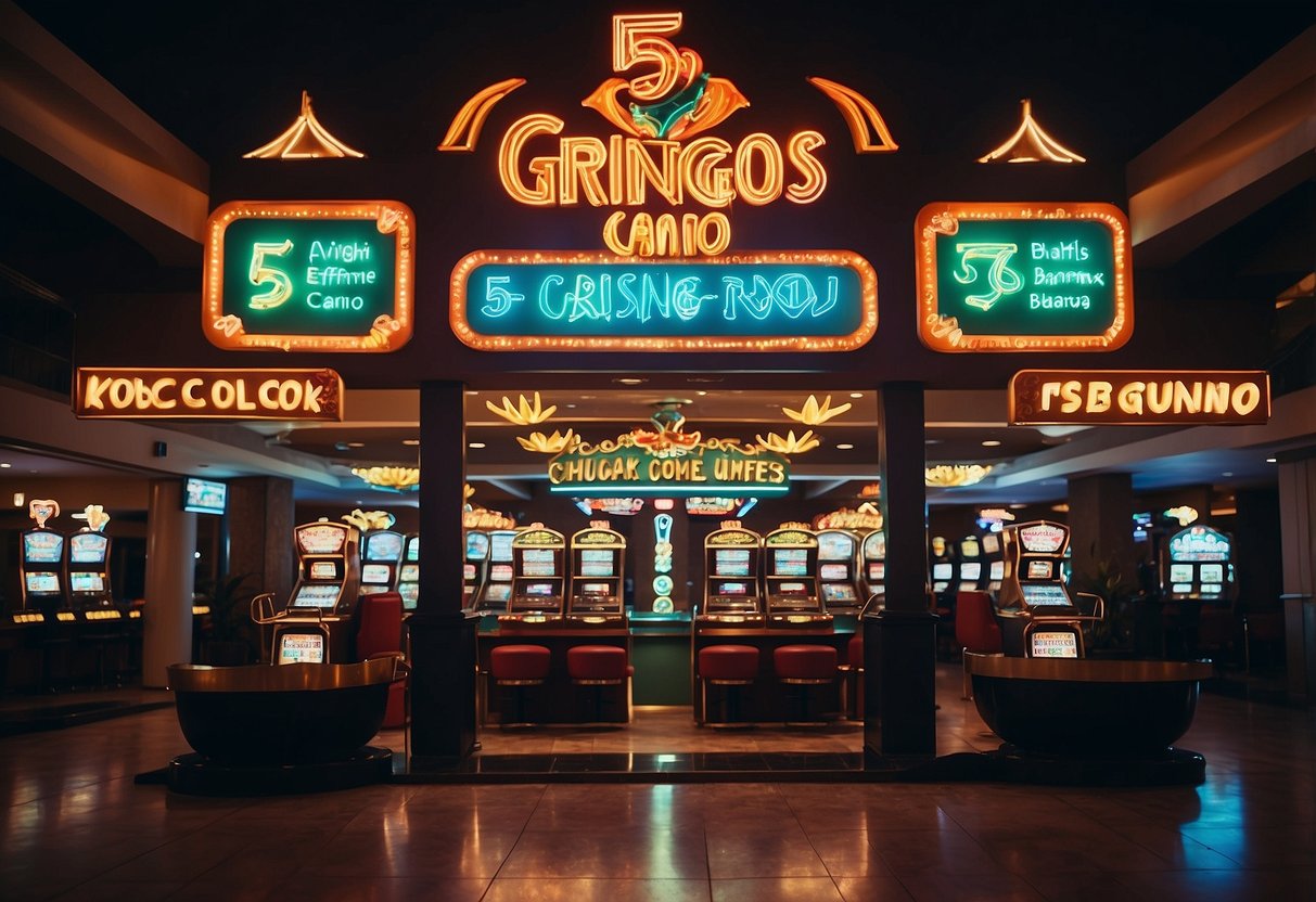 Bright neon sign "5 Gringos Casino" welcomes new guests. Registration desk offers exclusive welcome packages. Excitement fills the air