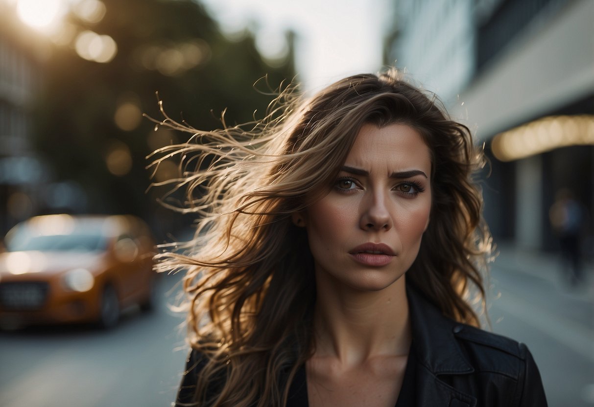 A woman holds her head in discomfort, wincing from the pain caused by her hair extensions