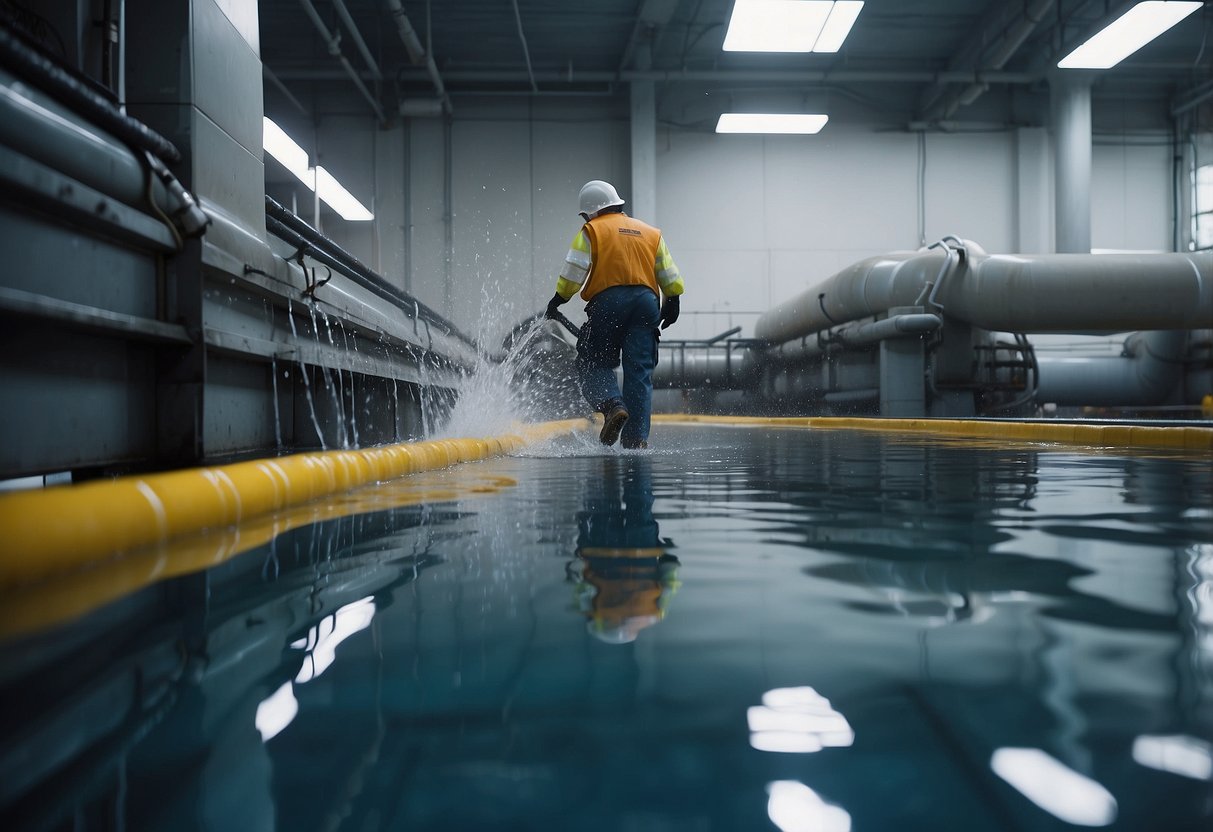 Seven Engineering: water leaks from a burst pipe, pooling on the floor. Machinery hums in the background