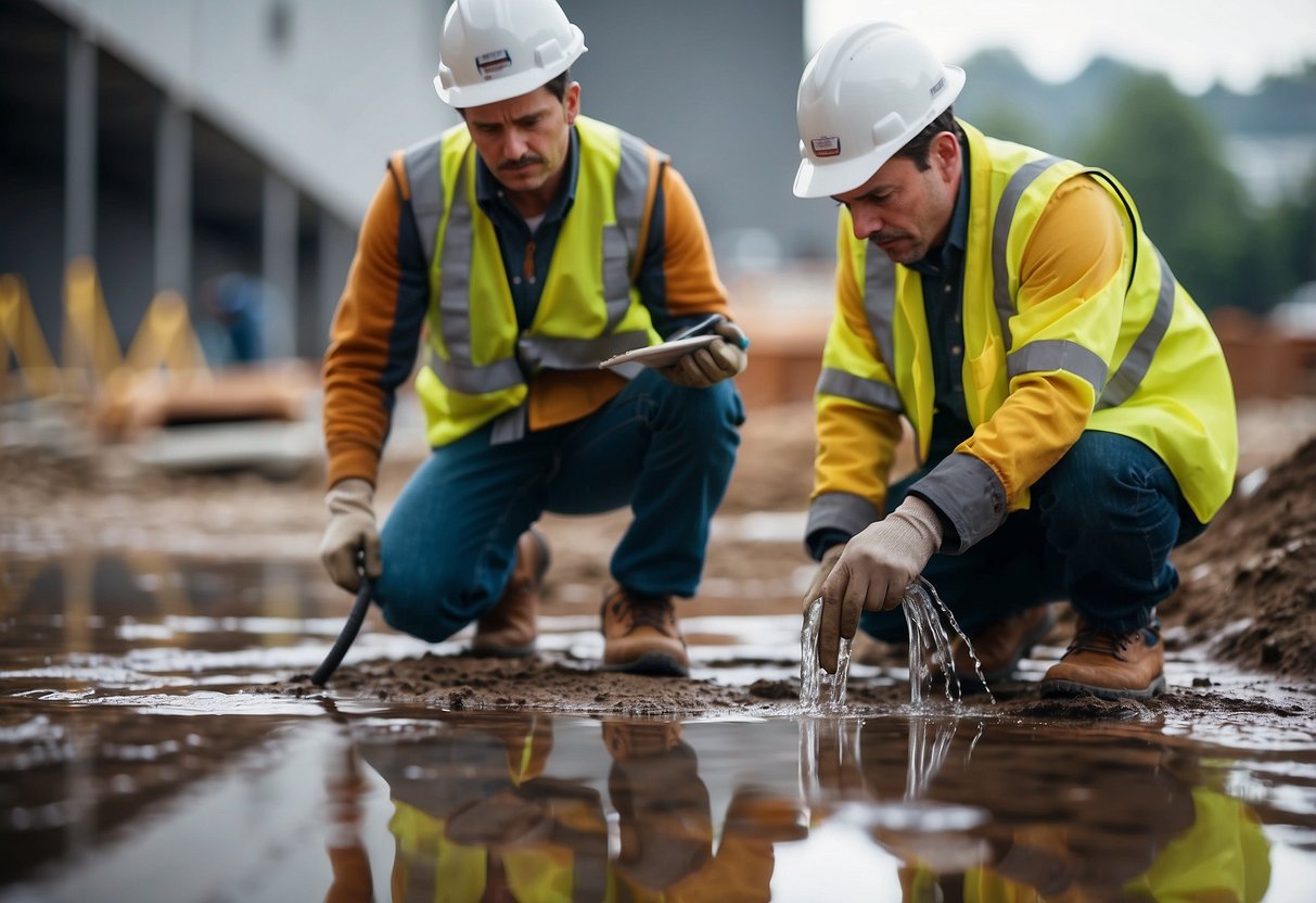 Engineers inspecting water leaks at a construction site, using best practices for installation