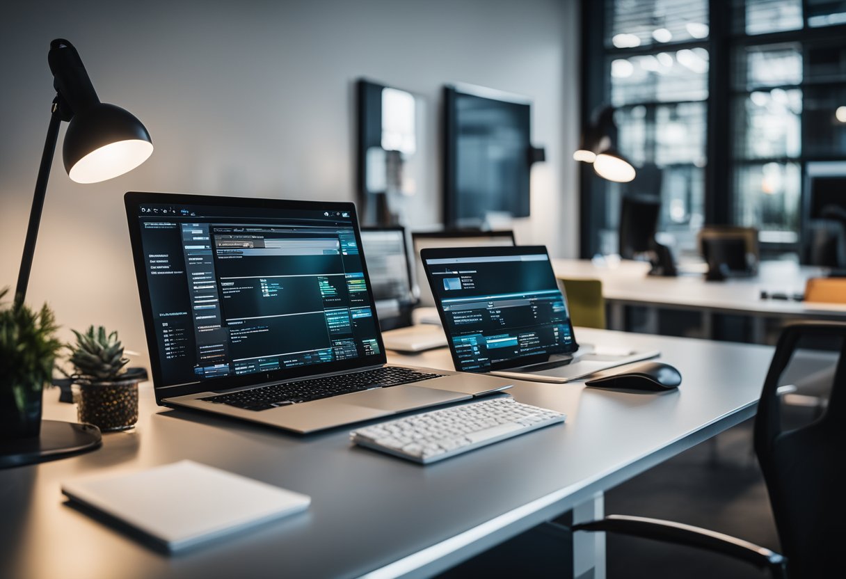 A desk with a computer, phone, and files. A wall display shows "16 best tech headhunter agencies"