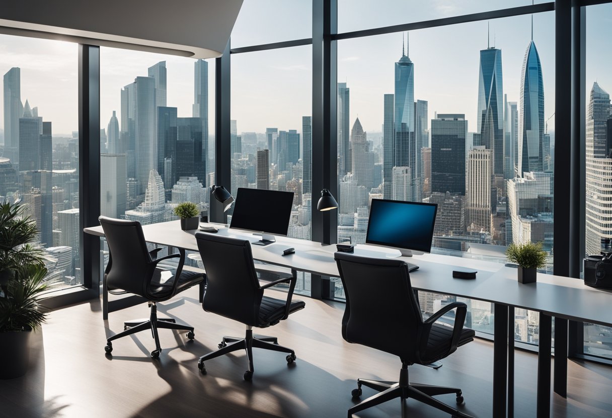 A sleek modern office with a panoramic view of a city skyline, showcasing the hustle and bustle of a vibrant business district