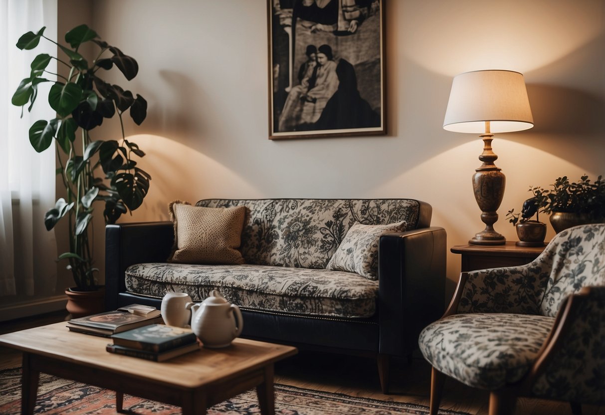 A cozy living room with vintage decor: a floral-printed armchair, a retro record player, antique lamps, and a Persian rug. A wall adorned with framed black-and-white photos and a collection of vintage books on a wooden coffee table