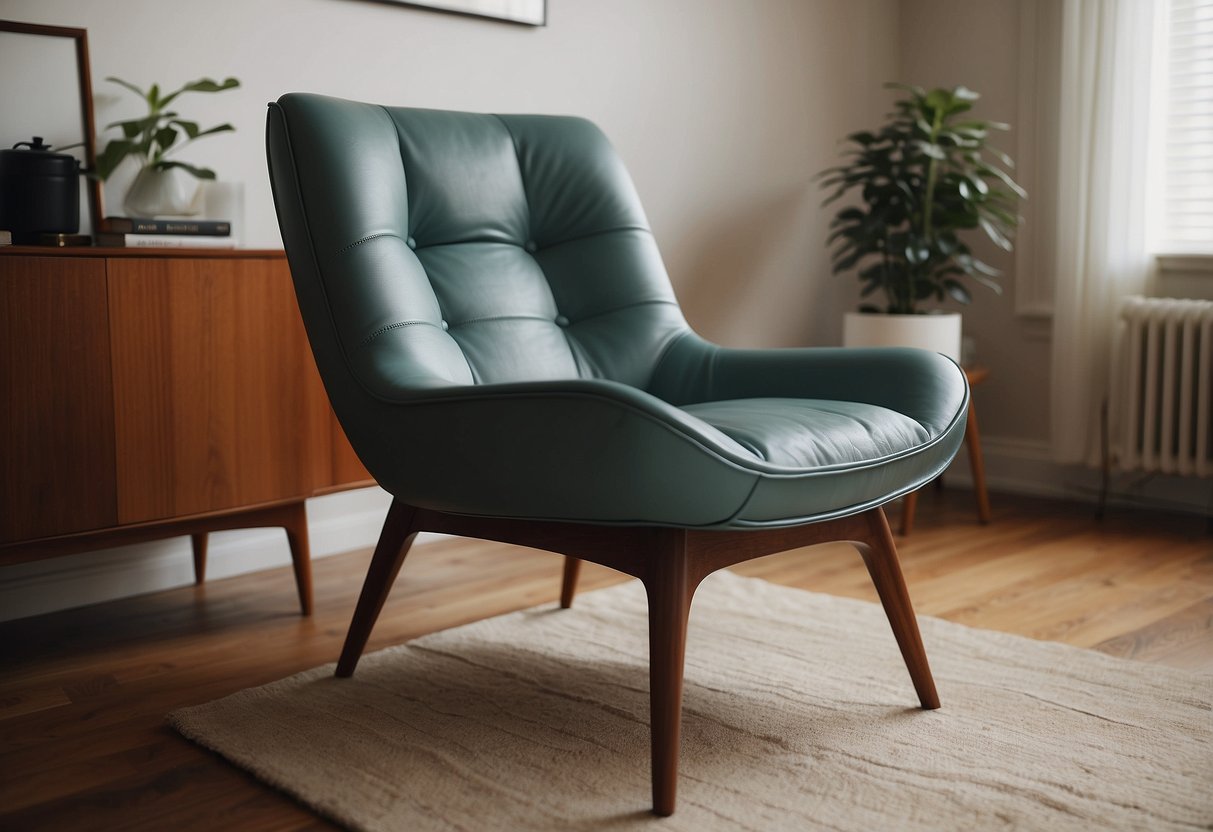 A sleek Mid-Century Modern chair sits in a minimalist living room, surrounded by vintage decor and clean lines