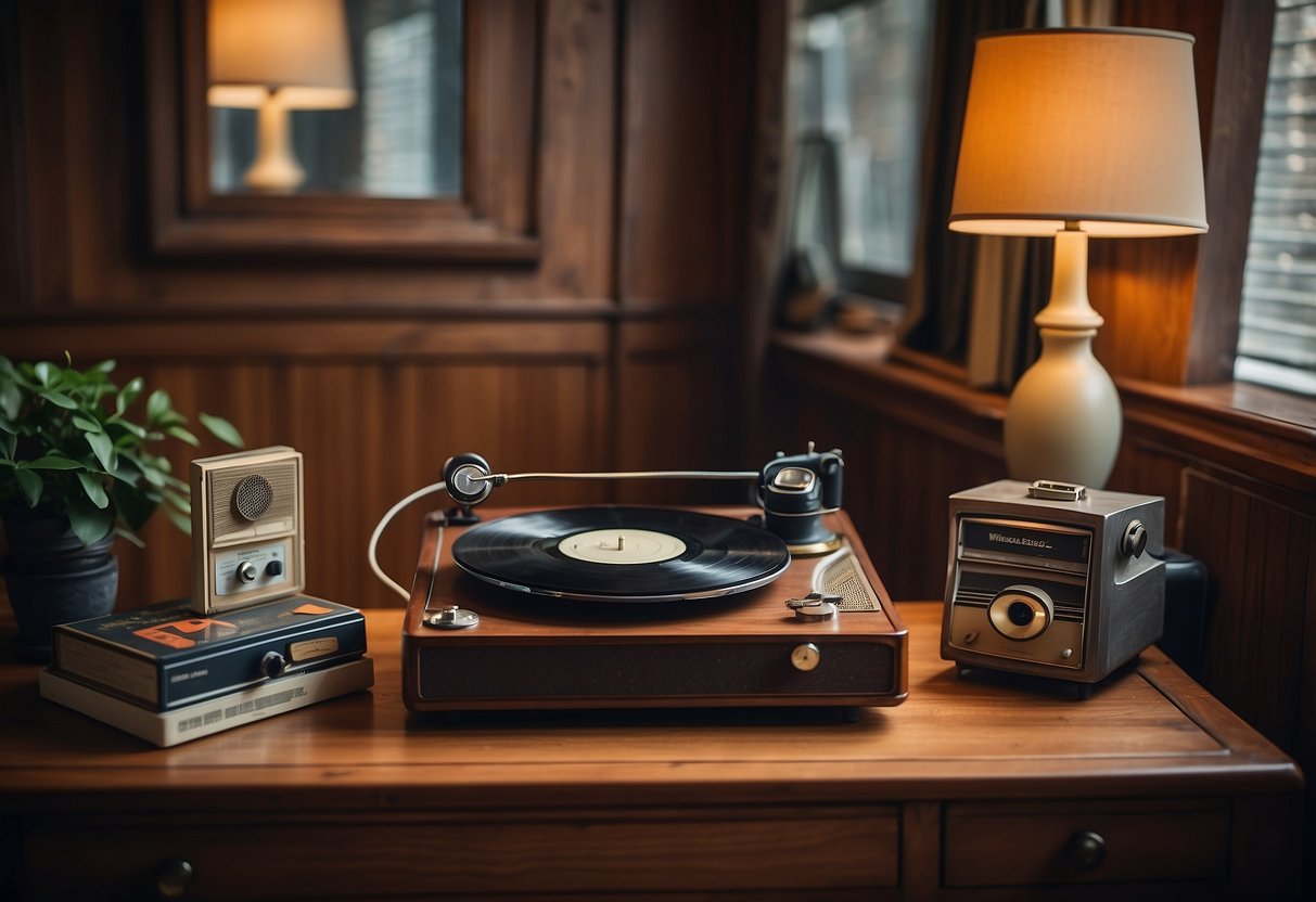 A retro record player sits on a wooden table surrounded by vintage decor, including old vinyl records, a classic rotary phone, and a mid-century lamp