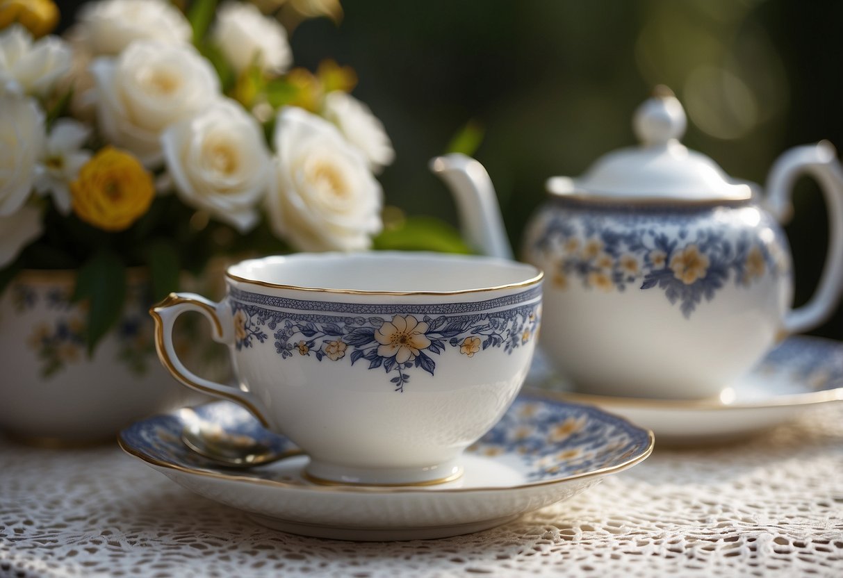 A vintage porcelain tea set arranged on a lace tablecloth with delicate floral patterns, surrounded by antique teacups and saucers