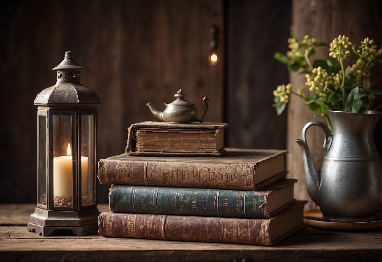 A weathered farmhouse shelf displays vintage decor: old books, a tarnished lantern, a chipped teapot, and a faded photograph in a rustic setting