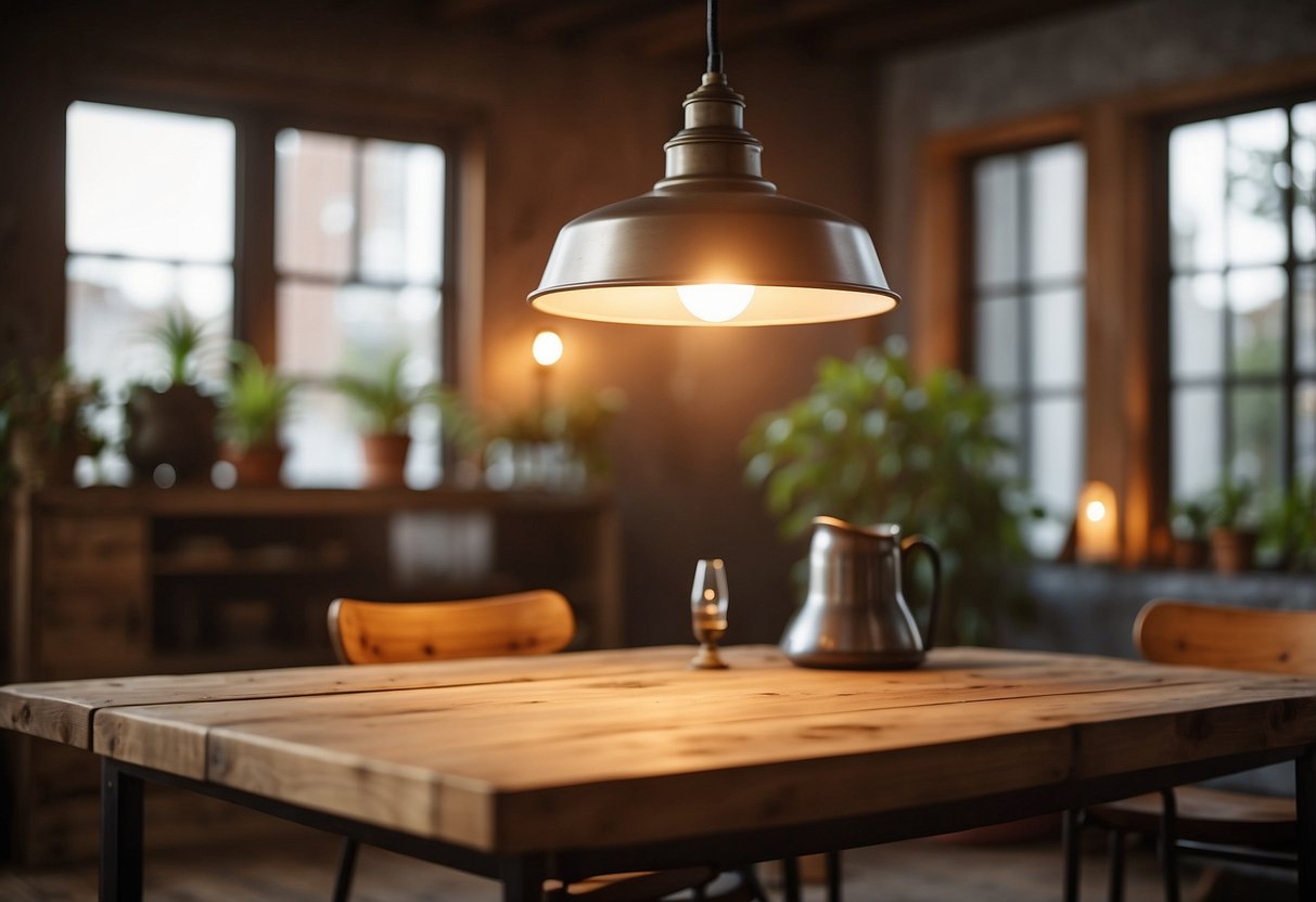 An industrial metal lamp hangs above a rustic wooden table, casting a warm glow in a cozy living room