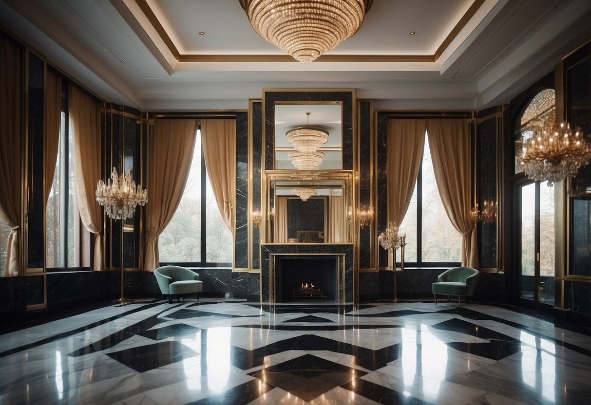 A sleek Art Deco mirror hangs above a marble fireplace, reflecting a grand chandelier and geometric-patterned walls in a luxurious vintage-inspired room