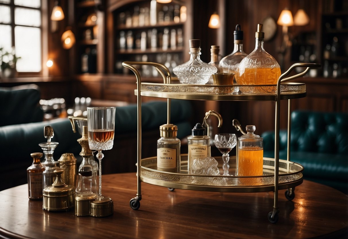 A vintage bar cart adorned with antique glassware, bottles, and a shaker. A retro cocktail recipe book sits open on the cart, surrounded by vintage decor accents