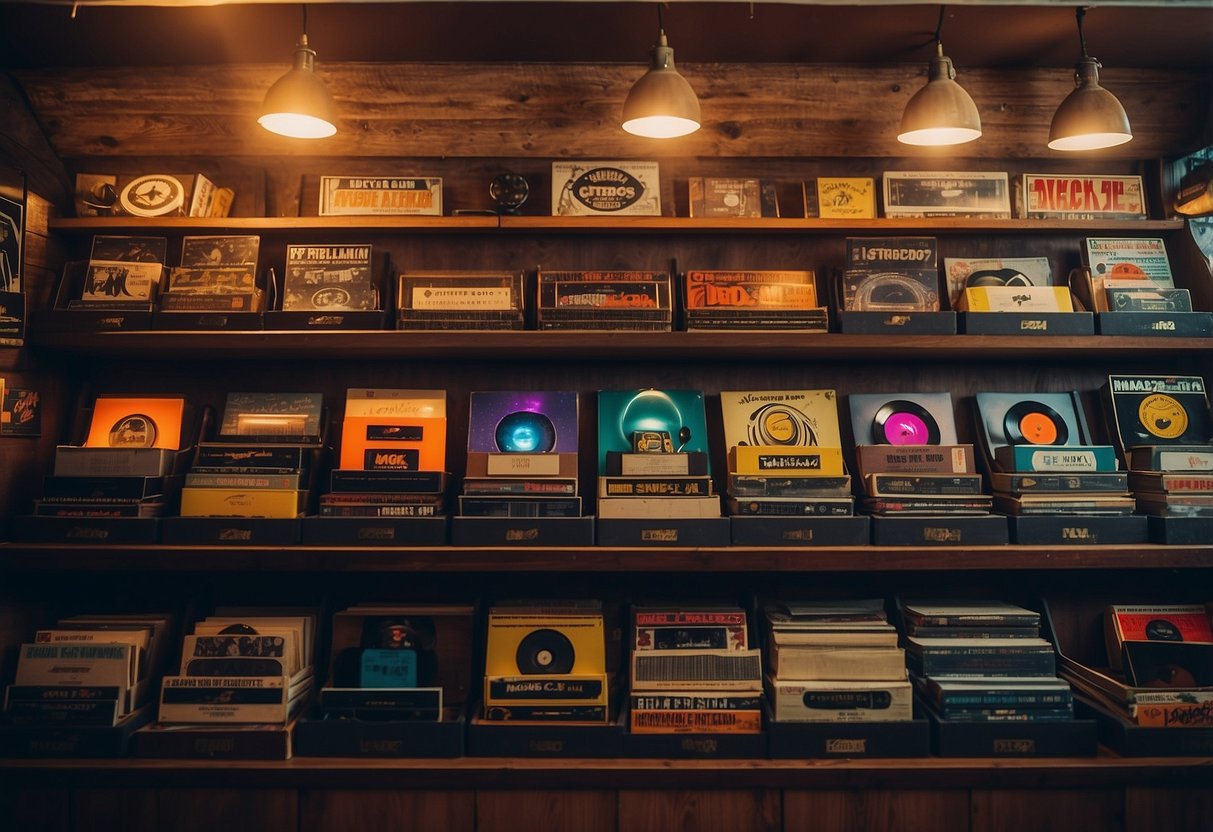 A shelf displays 13 vintage vinyl records, surrounded by retro decor like neon signs, lava lamps, and psychedelic posters