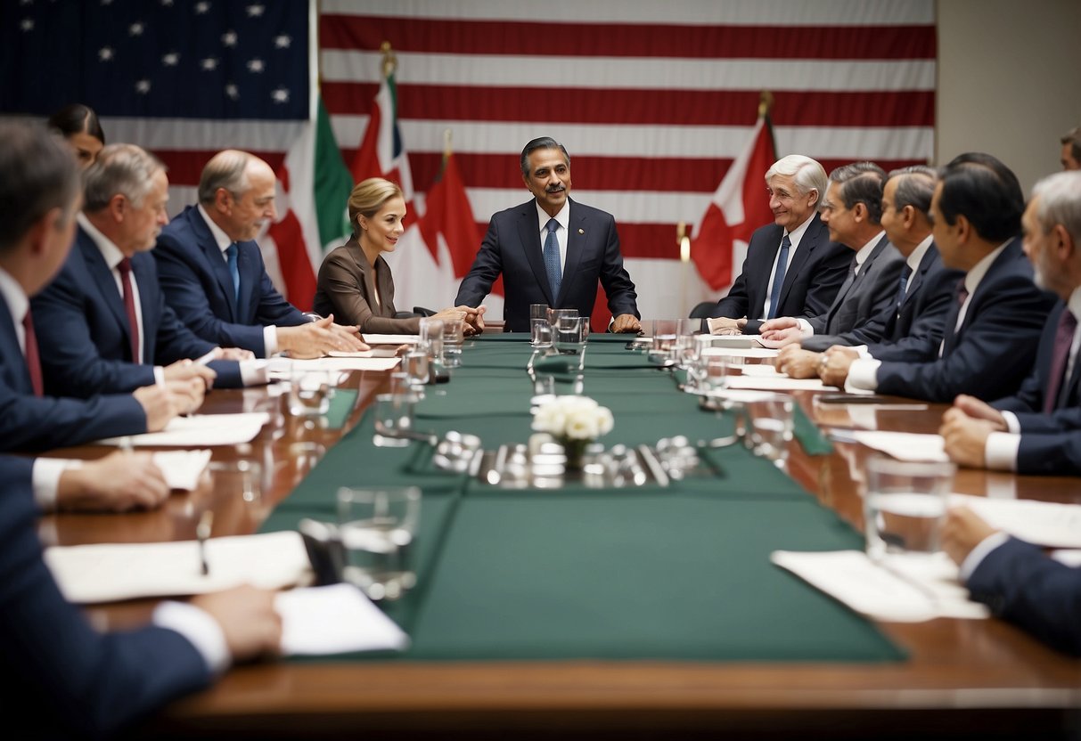 A group of world leaders gather around a table, signing documents and shaking hands. A large conference room is filled with flags and maps