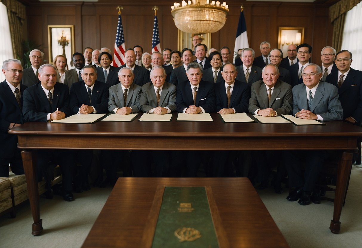 Delegates from 44 countries gather at Bretton Woods. They negotiate and sign the agreement, establishing the International Monetary Fund and World Bank