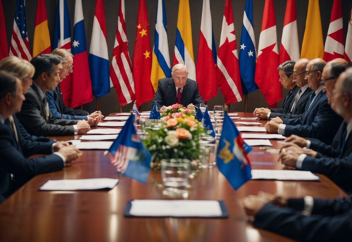 A table with representatives from 44 countries signing the Bretton Woods agreement. Flags of different nations are displayed in the background