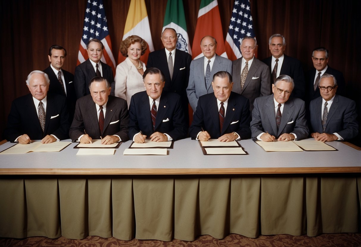 A group of world leaders sign a document at a conference table, symbolizing the creation of the Bretton Woods agreement