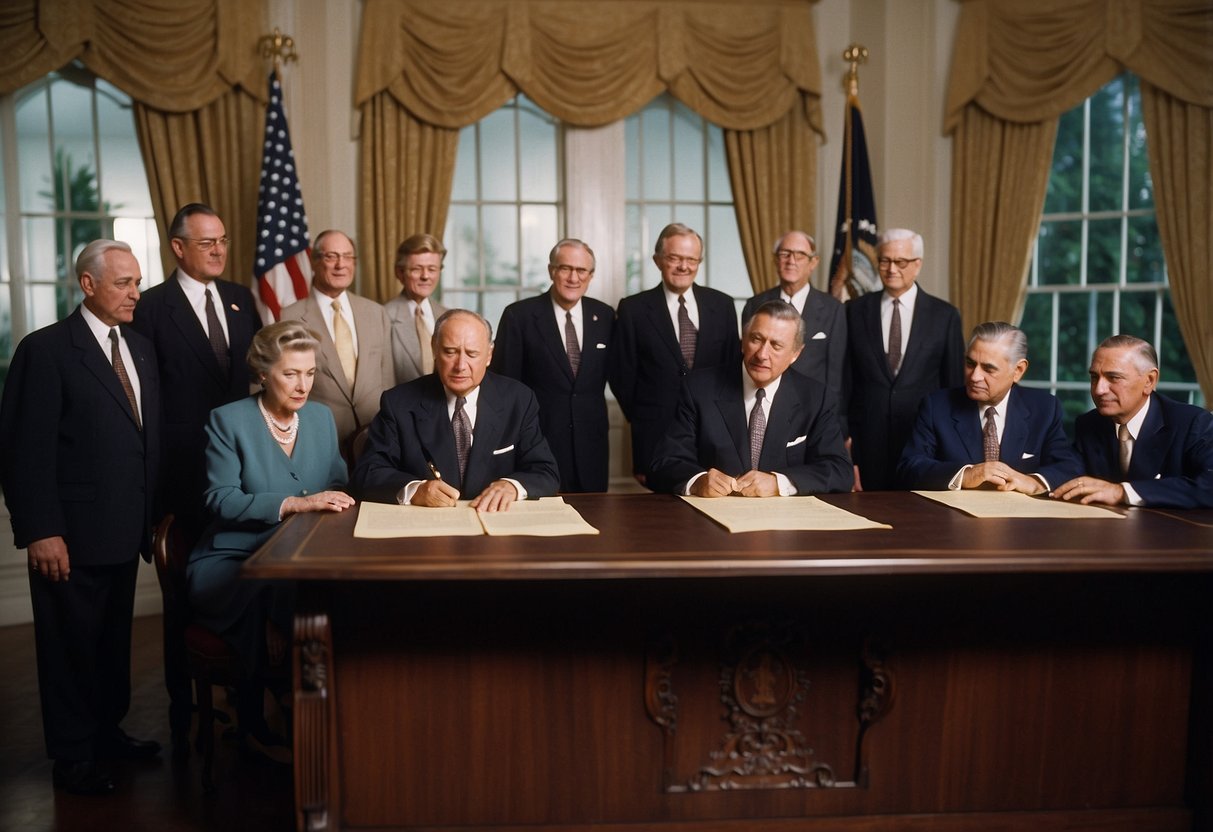 A group of world leaders sign the Bretton Woods agreement at a conference table, symbolizing global economic challenges and the evolution of international financial systems