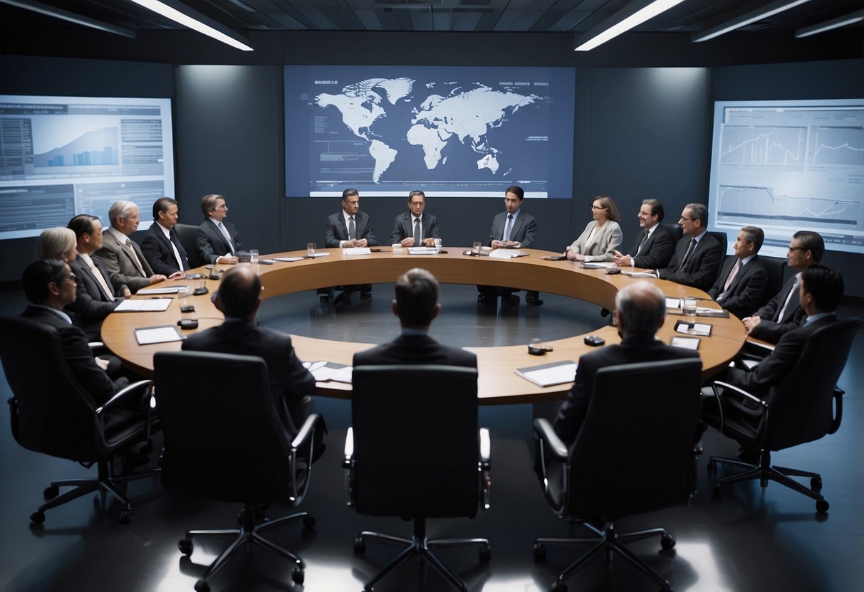 A conference table with delegates from various countries discussing a global economic agreement. Charts and graphs display economic data in the background