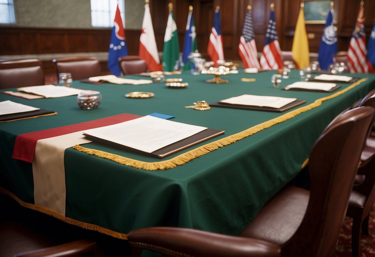 A table surrounded by delegates, flags of different nations, and documents signed, representing the Bretton Woods agreement